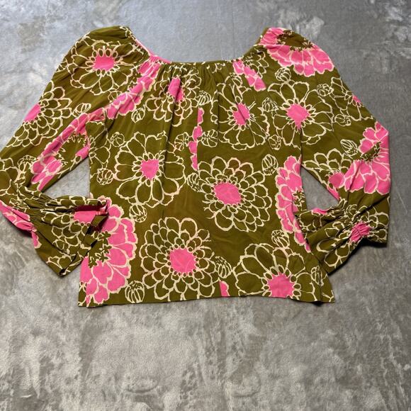 Trina Turk Los Angeles Floral Blouse Olive Green Pink SZ L Boho Peasant Top - Picture 10 of 10